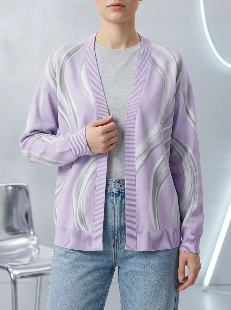 Women's Purple Abstract Swirl Printed Cardigan