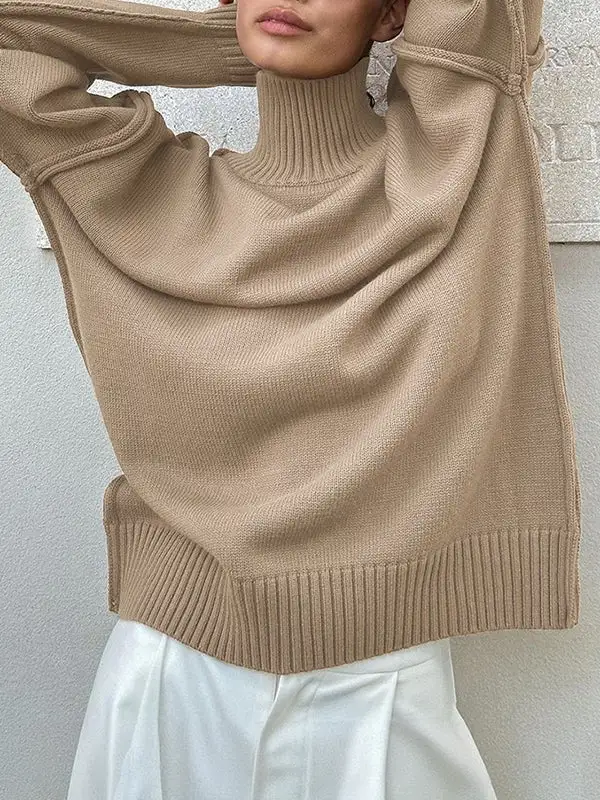 Paneled High Neck Long Sleeve Relaxed Fit Easy Fit Pullover Sweater