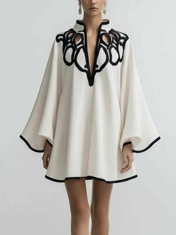 Flared Sleeve Relaxed Contrast Color Hollow Stand Collar Mini Dress
