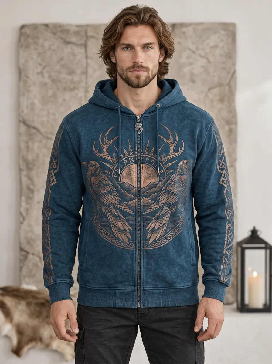 Men's Raven Antler Rune Graphic Zip-Up Hoodie