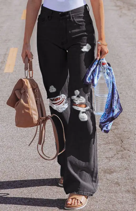 High Waist Wide Leg Ripped Denim Jeans