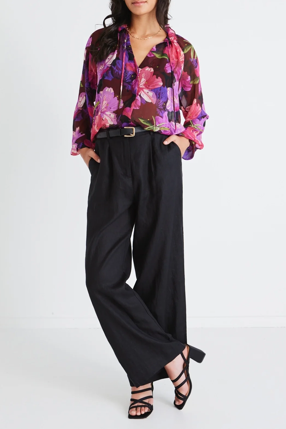 Purple Orchids Georgette Long - Sleeve Blouse