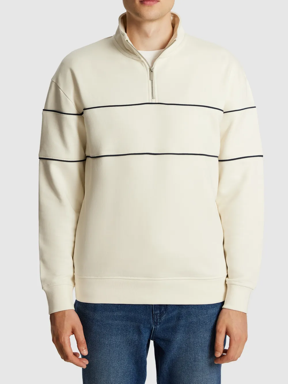 Off White Quarter Zip Striped Sweatshirt