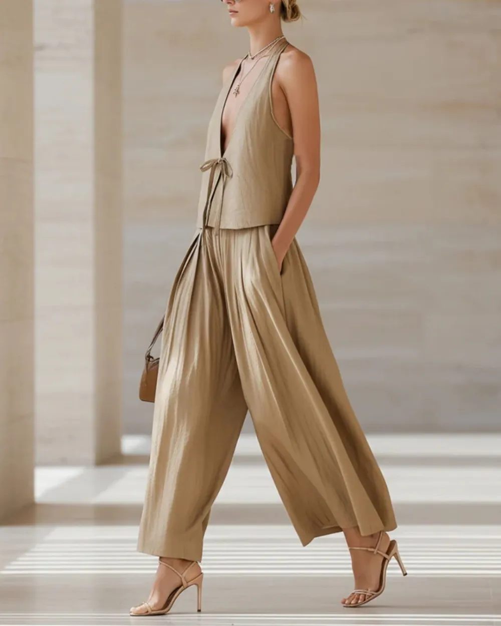 Sleeveless Vest and Wide-Leg Pants Set Two-Piece Lace-Up Outfit
