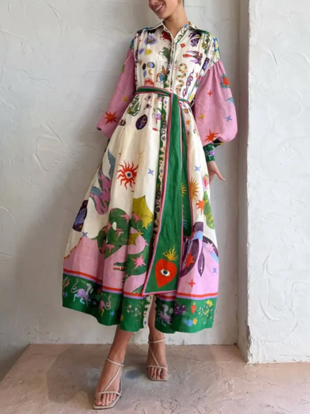 And Beautiful Retro Print Long Sleeve Midi Dress