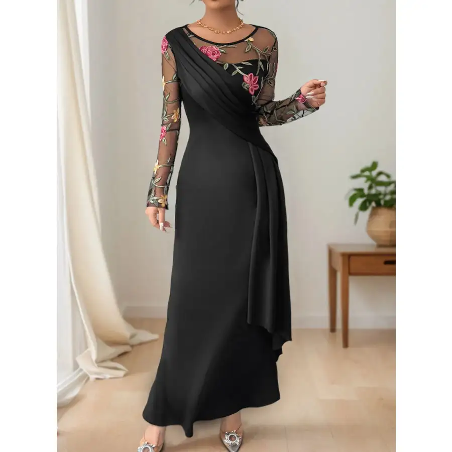Floral Mesh Sleeve Ruched Maxi Dress