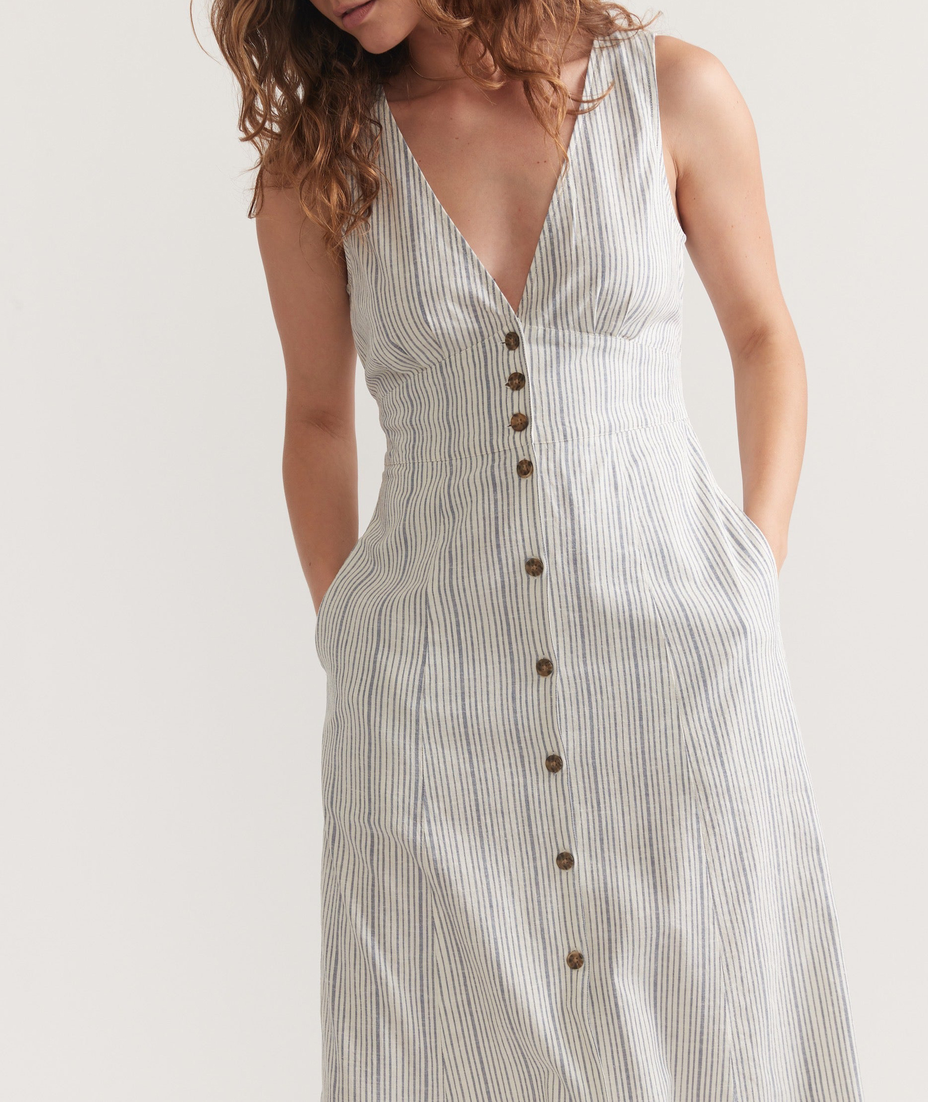 Striped Button-Front V-Neck Maxi Dress