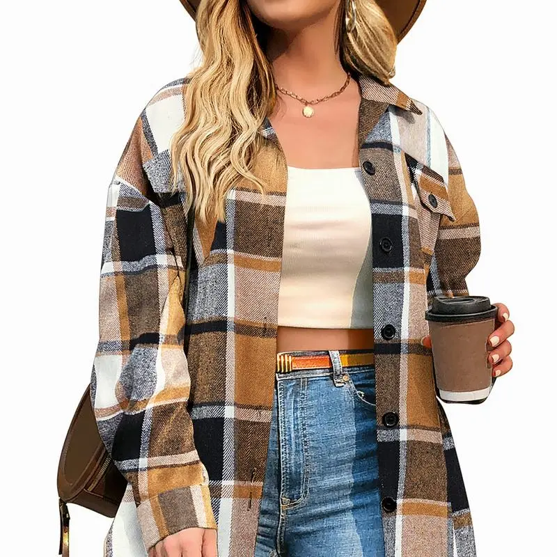 Women's Plus Size Shacket Jacket Flannel Plaid Long Sleeve Button Down Shirts Casual Fall Blouses Tops Winter Coats Winter Holiday