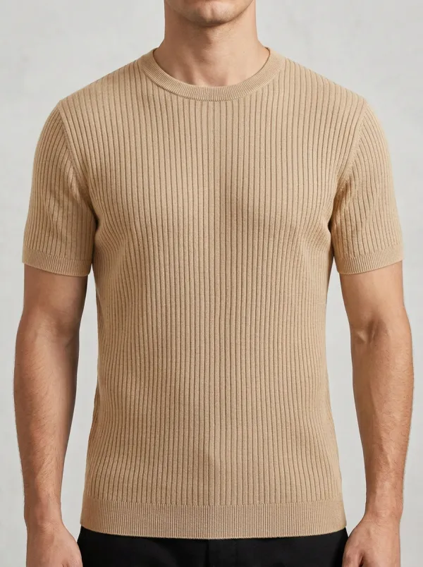 Ribbed-Knit Textured-Knit Minimal Men's Knit Crew-Neck T-Shirt