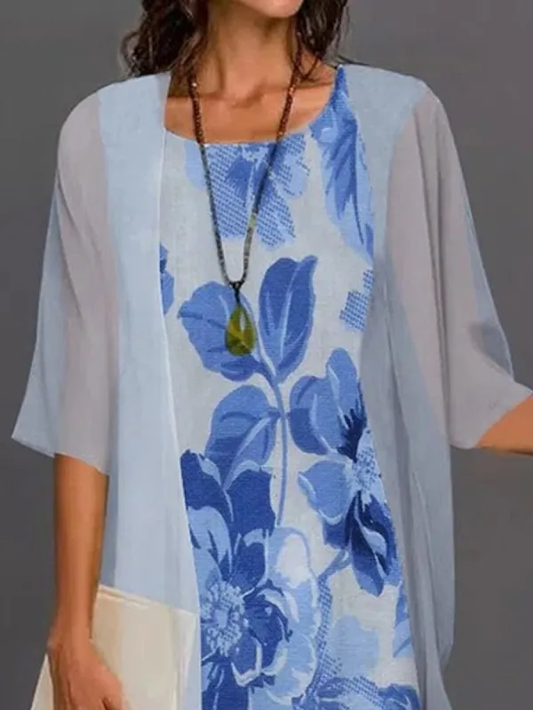 Round Neck Casual Loose Floral Print Suit Midi Dress