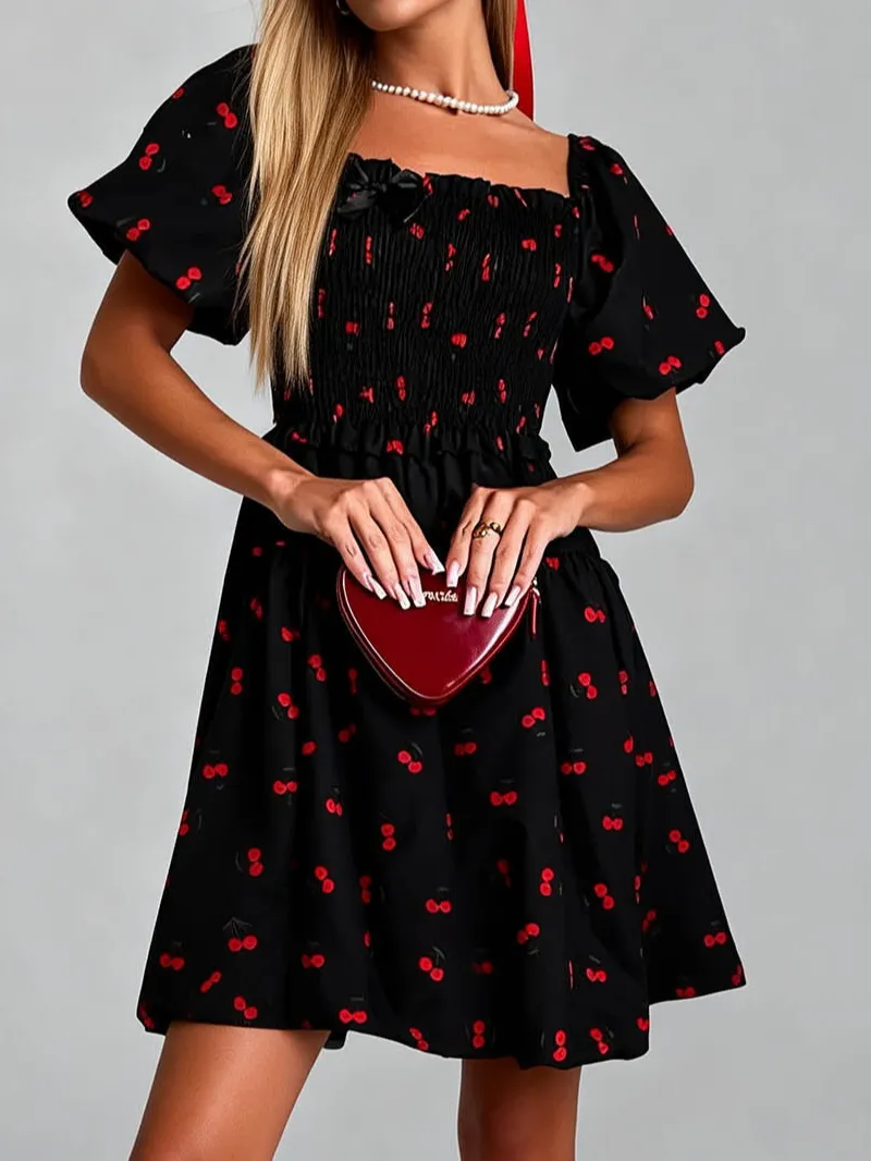 Square Neck Cherry Puff Sleeves Mini Dress