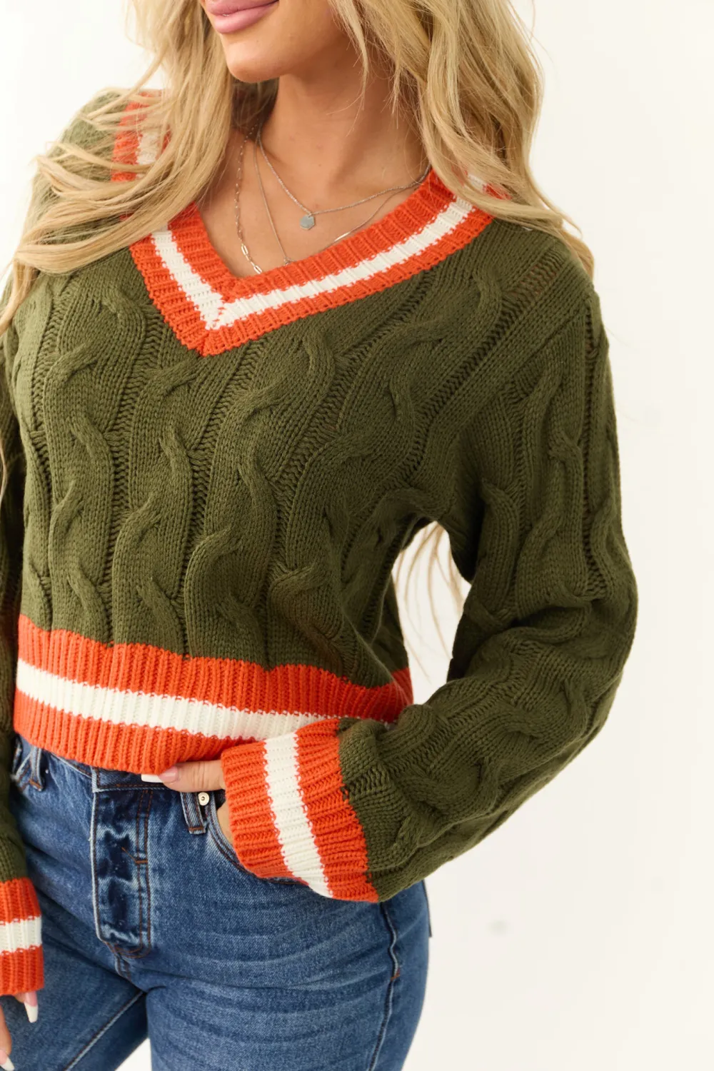 Army Green Knit Contrast Stripe Trim Sweater