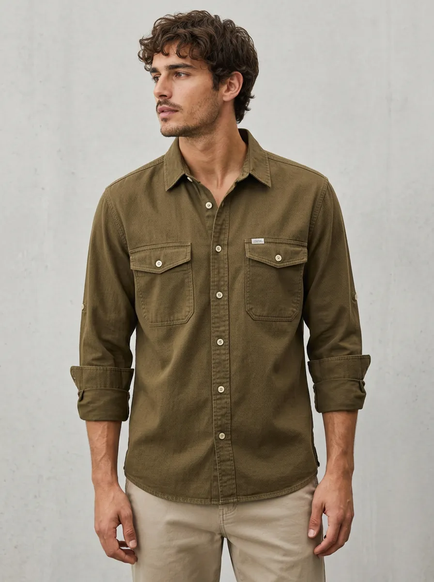 Men's Casual Olive Green Double Pocket Button Down Shirt
