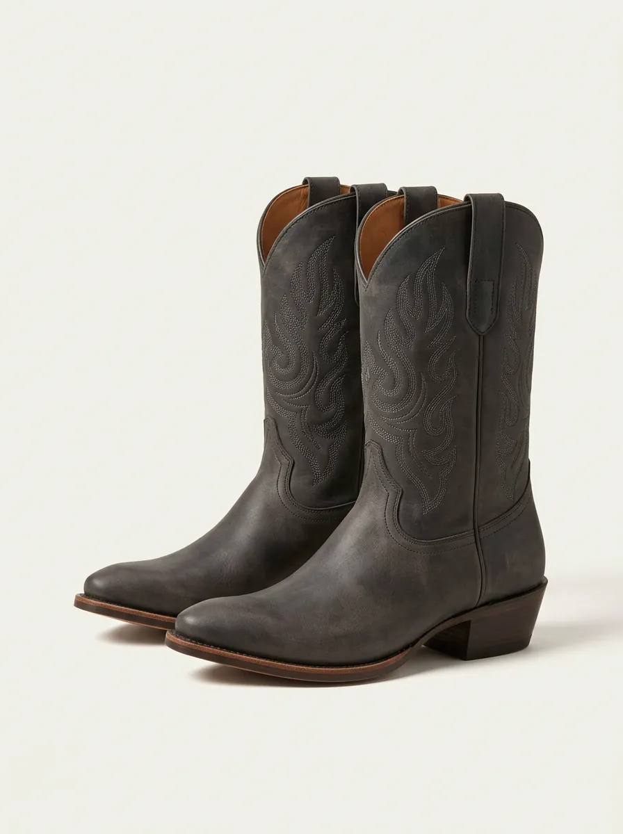 Unisex Flame Motif Embroidered Cowboy Boots