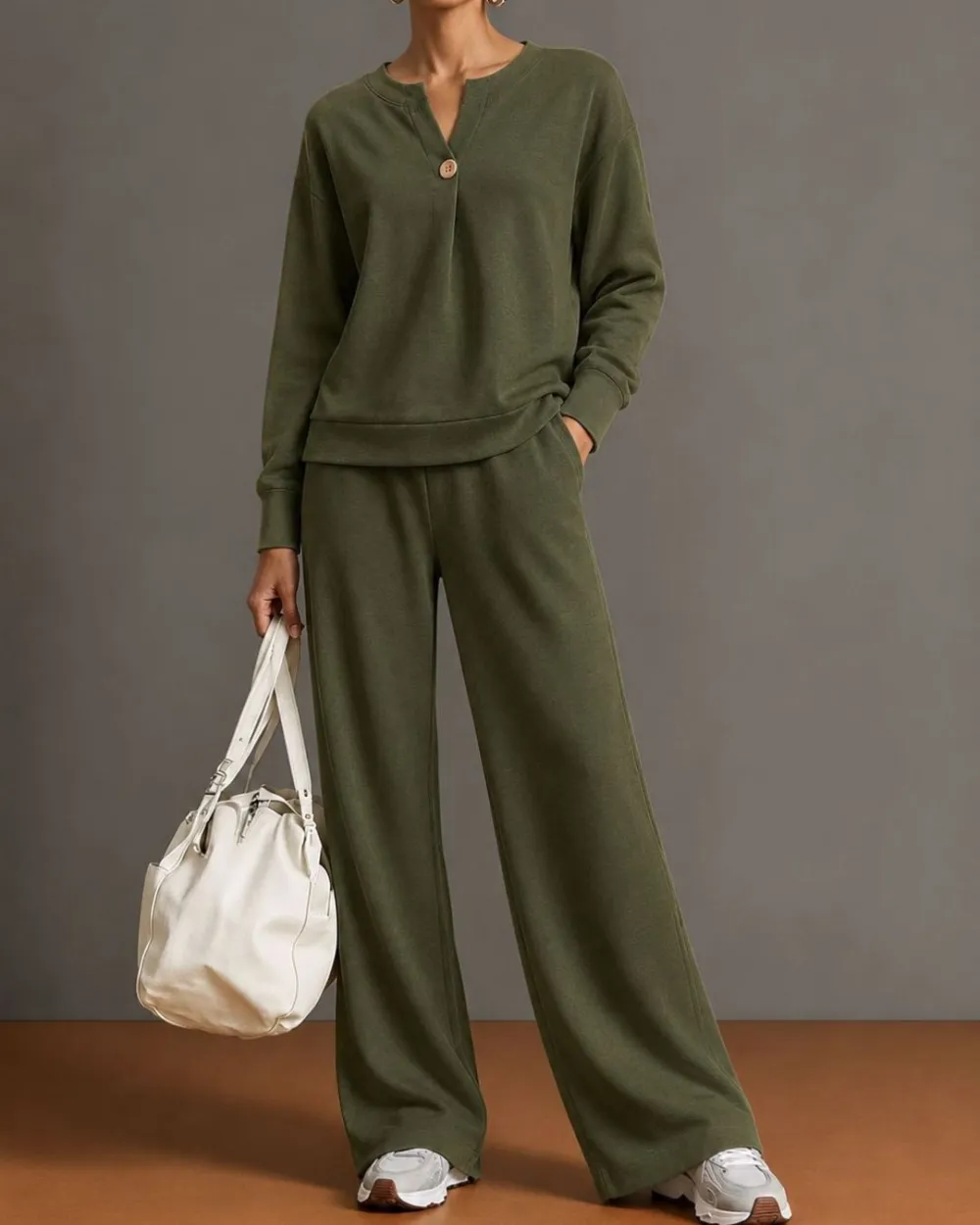 V-Neck One-Button Sweatshirt Set