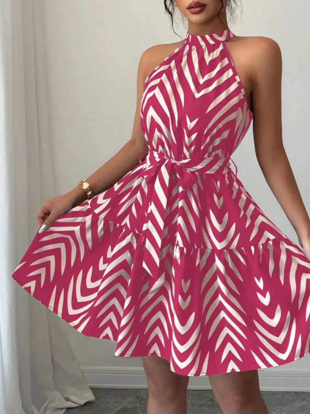 Printed Tie Waist Ruffle Dress Casual