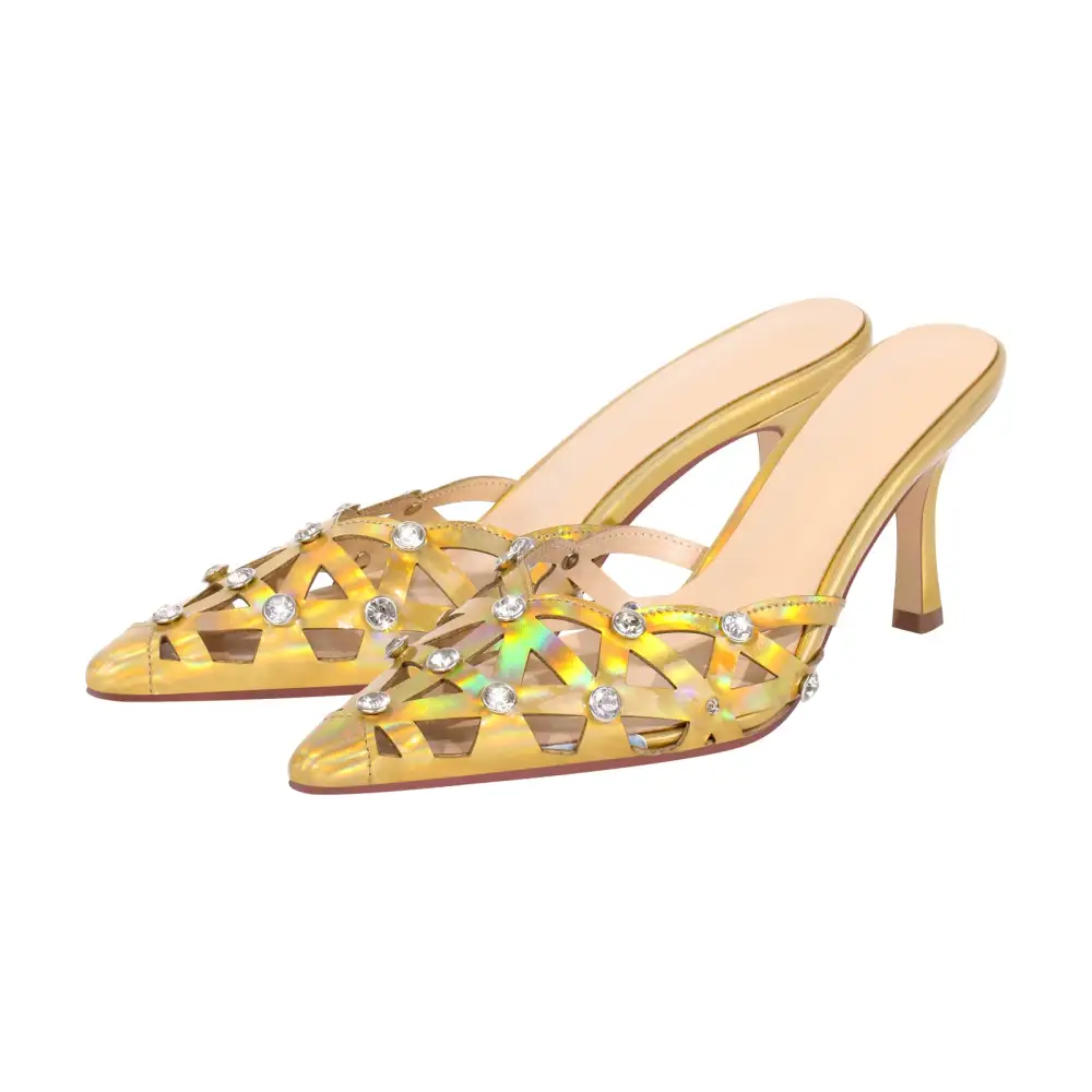 Rhinestone Pointed Toe Hollow Mule Sandals