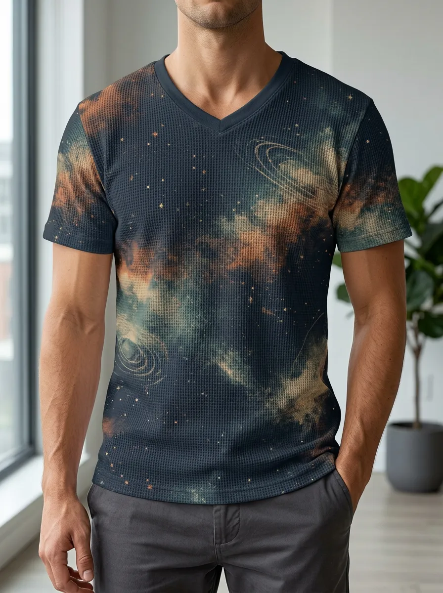 Men's Space Galaxy Nebula Pattern Printed V-Neck T-Shirt