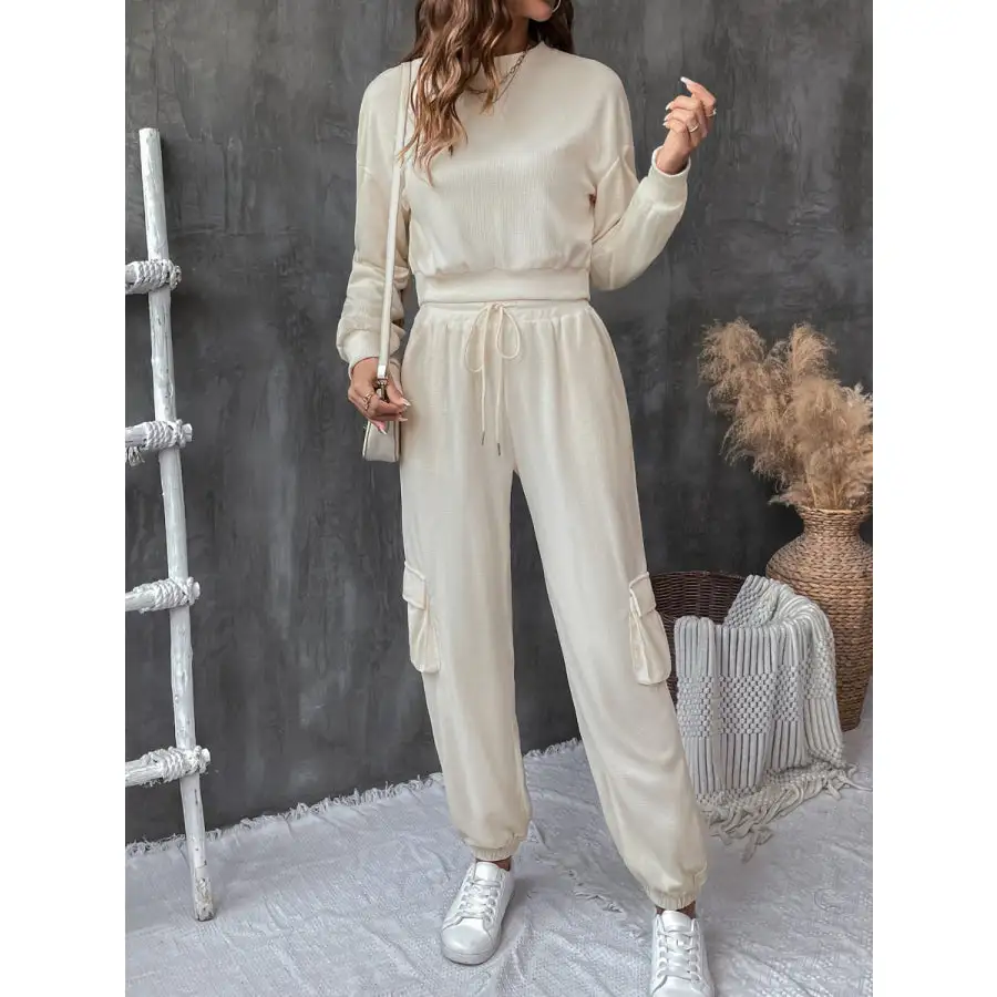 Vacation Round Neck Long Sleeve Top and Pants Set