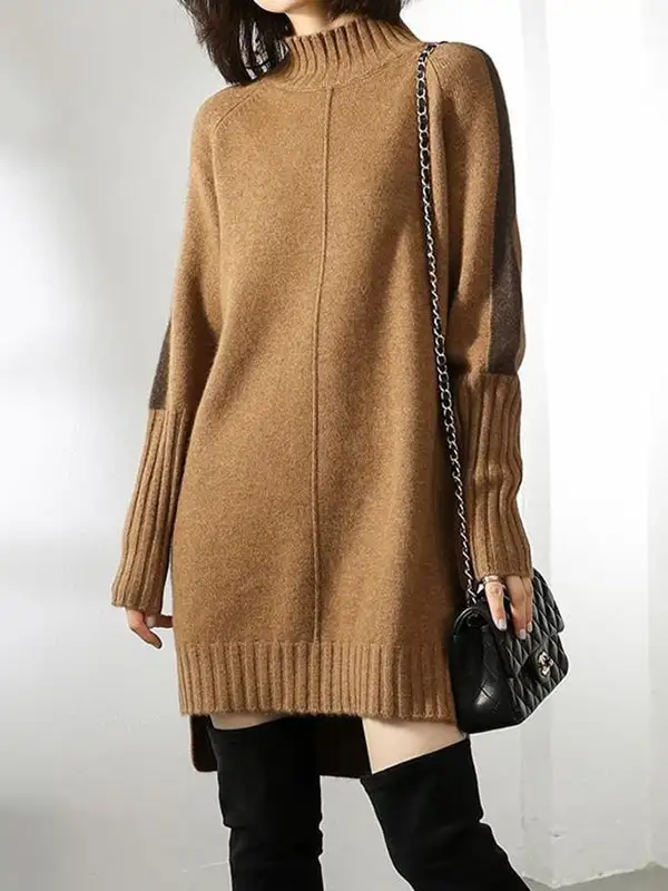 Relaxed Long Sleeve Contrast Color Half Turtleneck Sweater Dress