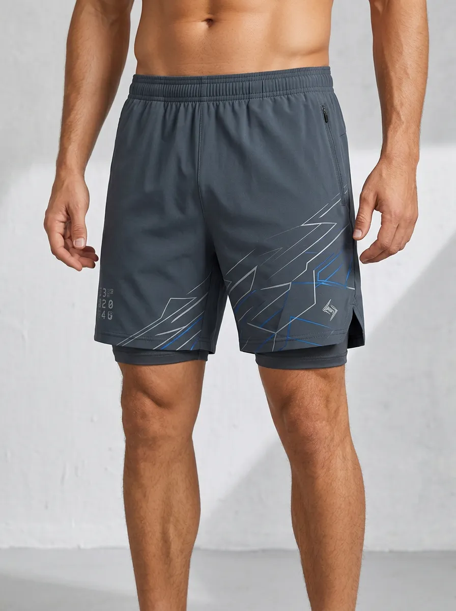 Men's Fitness Gym Geometric Line Printed 2-in-1 Shorts