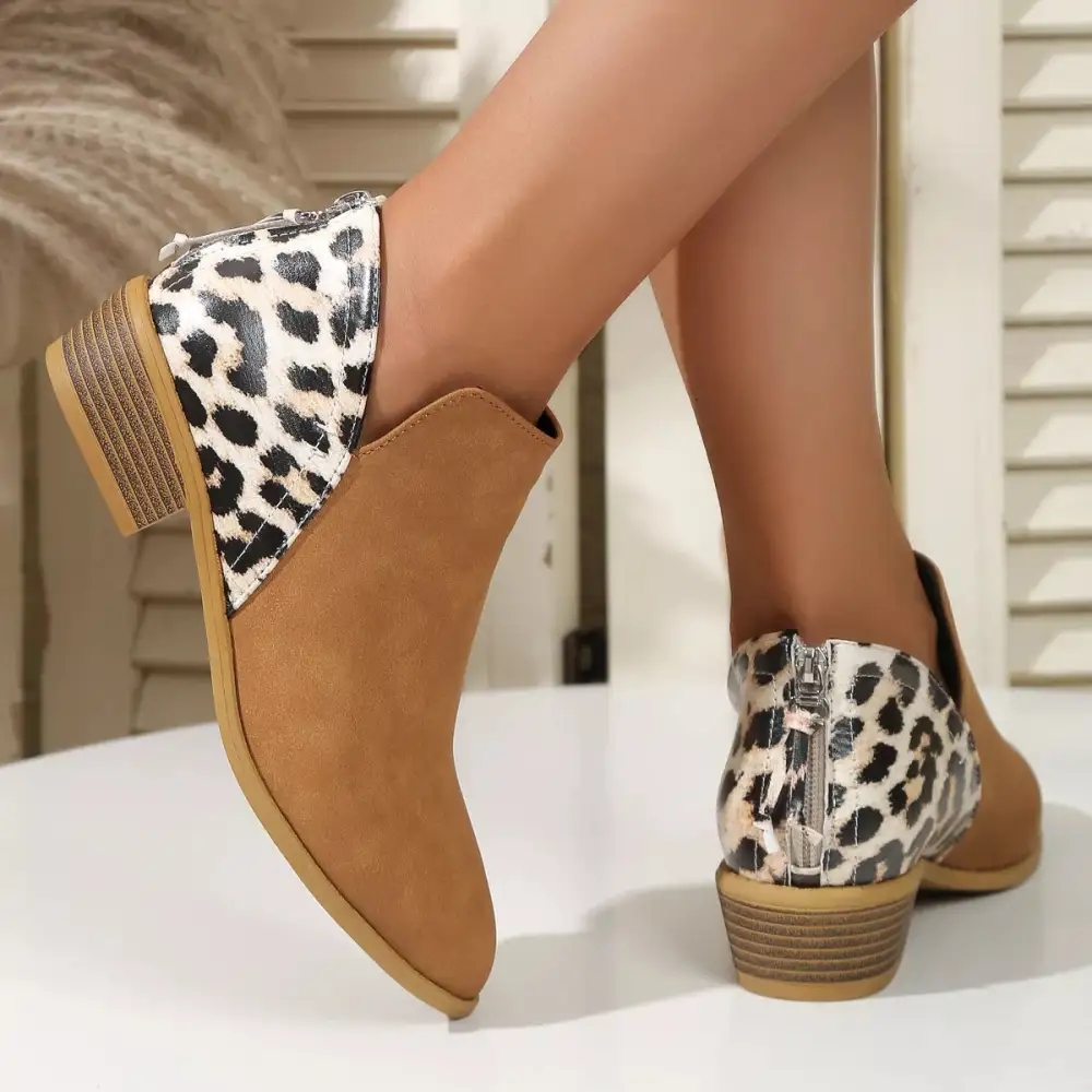 Leopard Point Toe Block Heels Boots