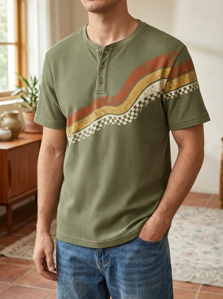 Men's Vintage Retro Wave Checkered Printed Waffle Henley T-shirt