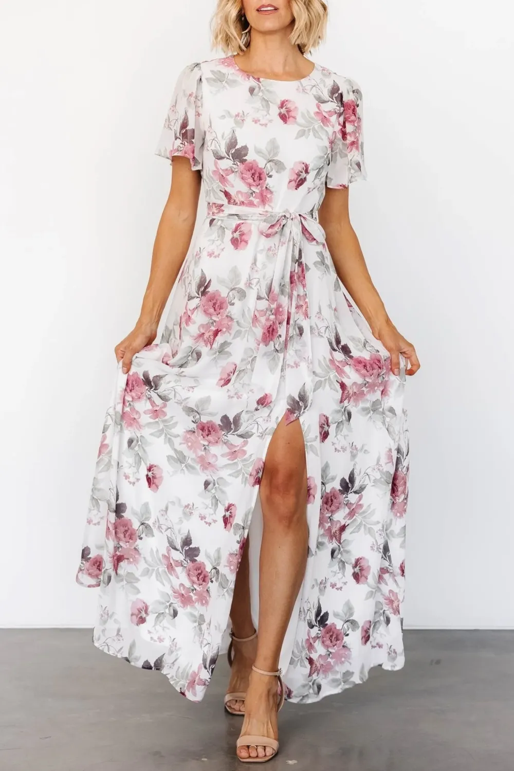 High-Waisted Versatile Slimming Round-Neck Floral Pattern Dress