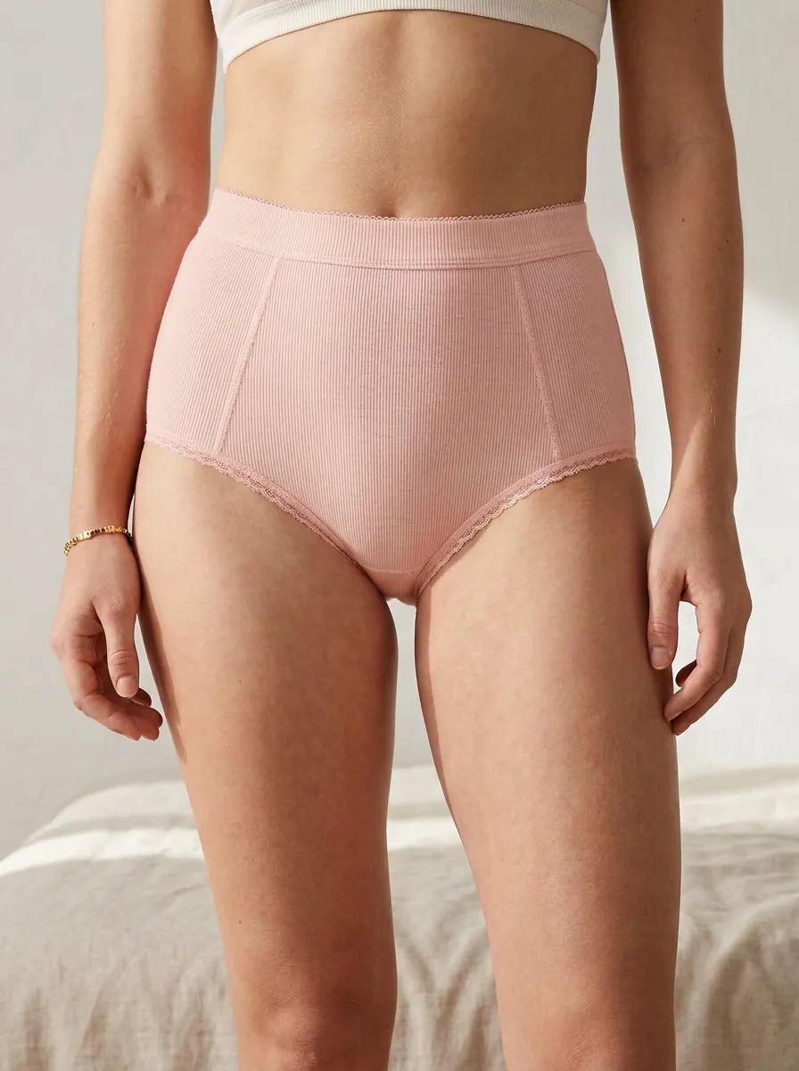 Women's Cozy Home Ribbed High-Waist Lace Trim Briefs