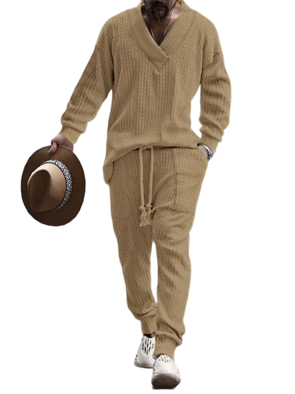 Men's Jacquard Drop Shoulder V Neck Top & Drawstring Waist Pants, Casual Fashion Pullover & Pocket Trousers for Daily Wear, Tracksuit Set, Tracksuits, Mens Jogger Sets, Sweat Suits Workout, Men's 2 Piece Set, Menswear, Clothes, Formal Wear, Sweat Set