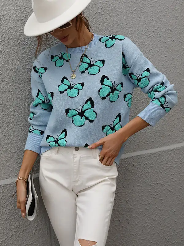 Butterfly Detail Round Neck Long Sleeve Relaxed Fit Sweater