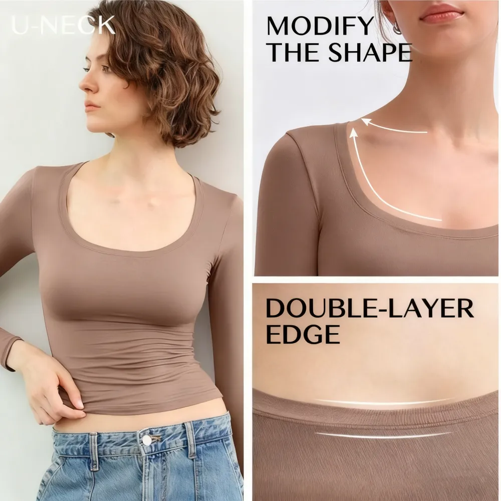 Women‘s Scoop Neck Long Sleeve Top Double Layer Slimfit Fall Outfits