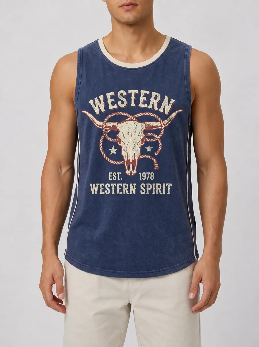 Men's Western Cowboy Skull Rope Printed Tank Top
