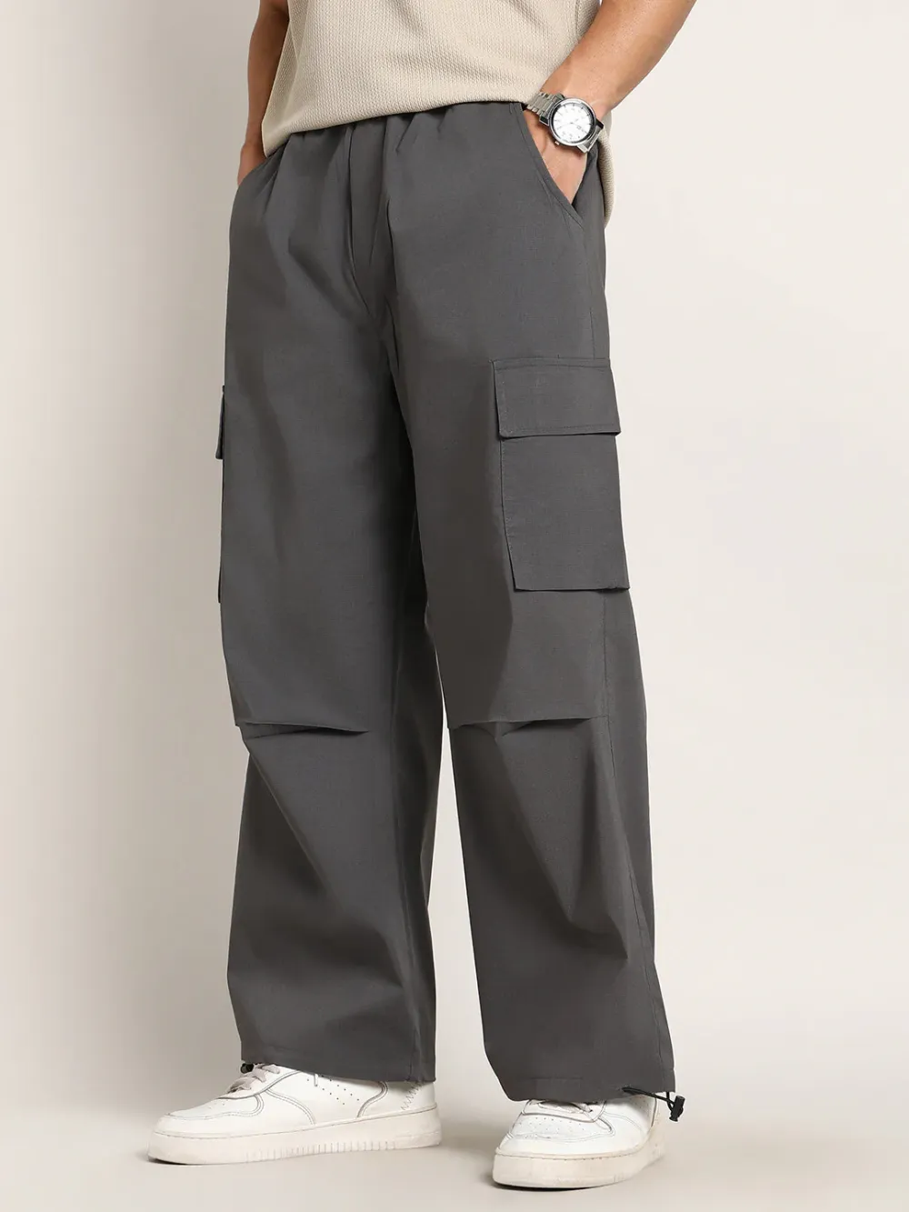 Grey Mid Rise Relaxed Cargo Trousers