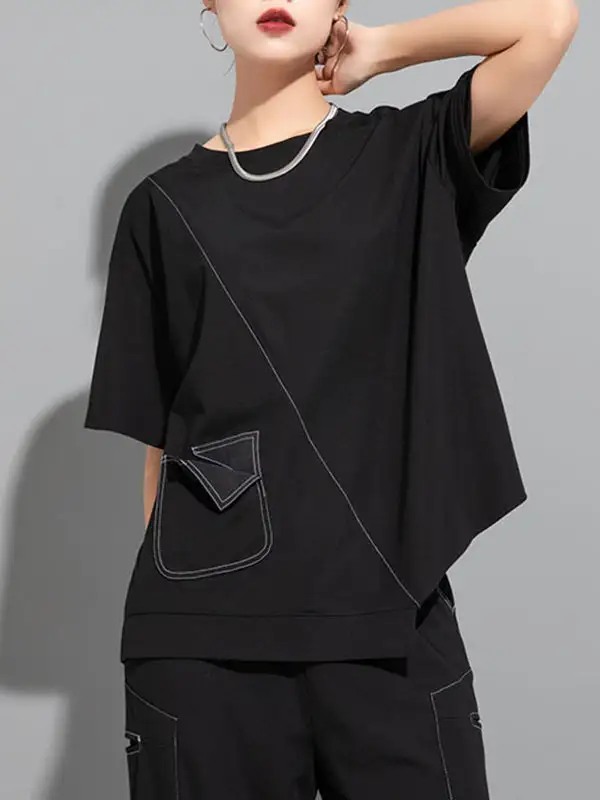 Relaxed Short Sleeve Asymmetric Panel Detail Round Neck T-Shirt