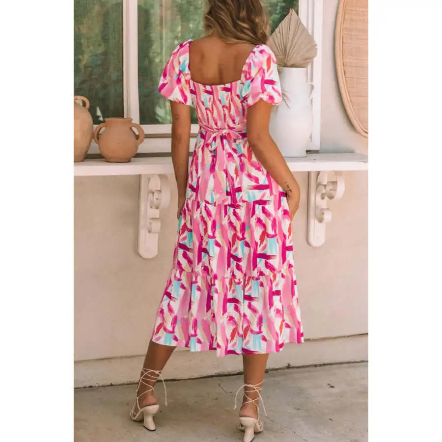 Geometric Puff Sleeve Square Neck Midi Dress