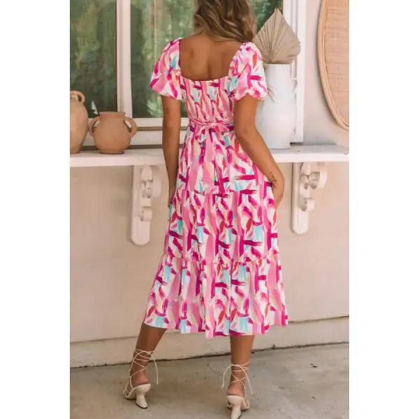 Geometric Puff Sleeve Square Neck Midi Dress