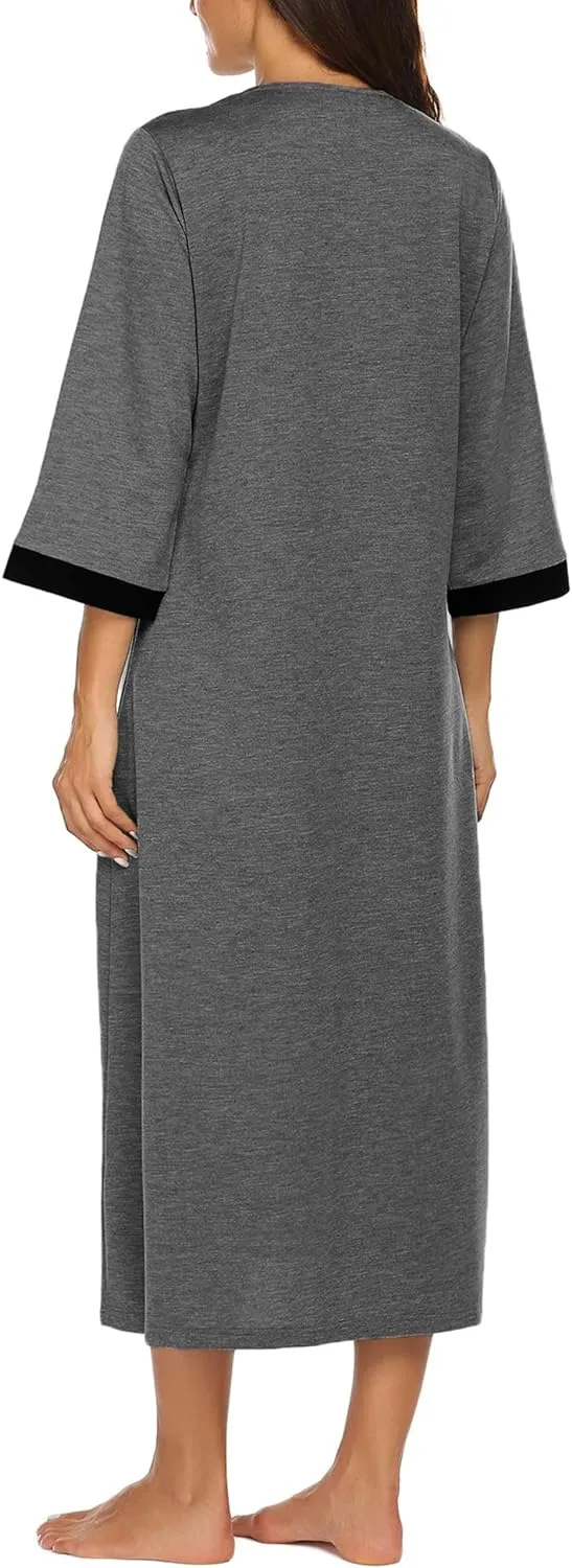 50% OFF Women Zipper Robe 3/4 Sleeves Loungewear Dress Full Length Sleepwear Pockets Housecoat Nightgown Long Bathrobe
