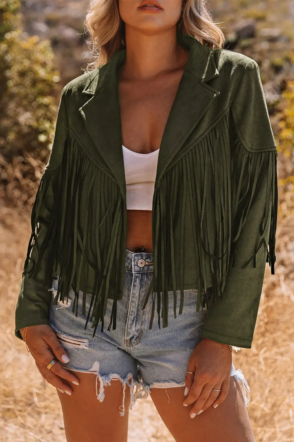Cropped Fringe Faux Suede Jacket Layered
