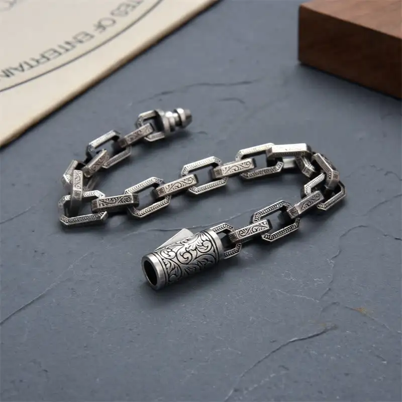 Vintage Tang Dynasty Flower Design Engraved Bracelet