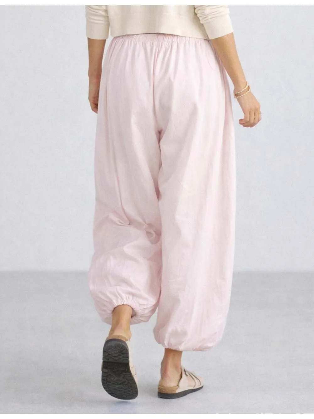 Solid Color Elastic Waist Drawstring Lantern Pants