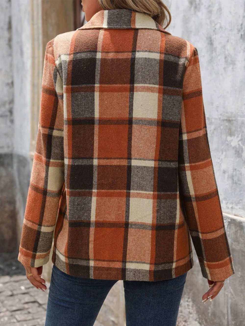 Button-Down Lapel-Collar Plaid Blazer