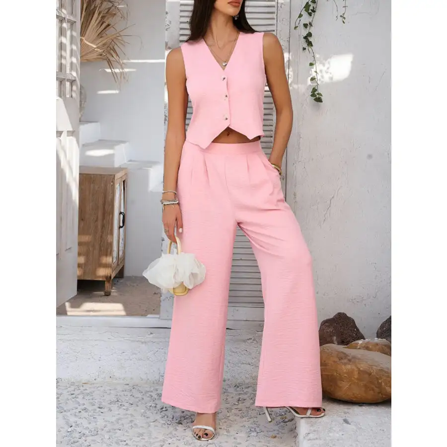 Button Down Vest and Wide Leg Pants Set