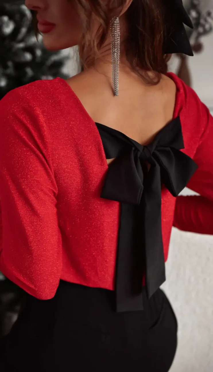 Long Sleeve V Neck Bow Detail Top