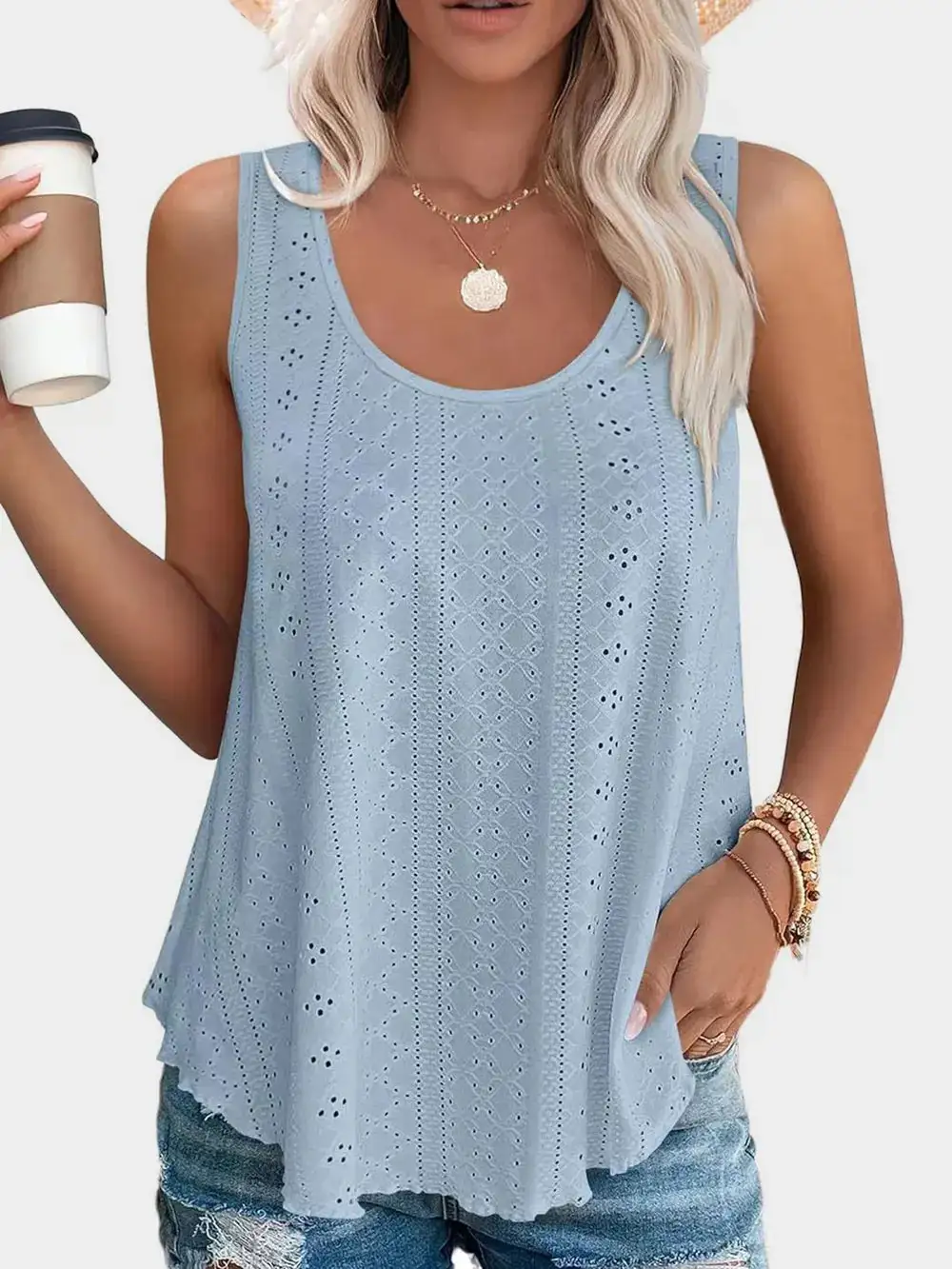 Eyelet Round Neck Tank With Sheer Detail