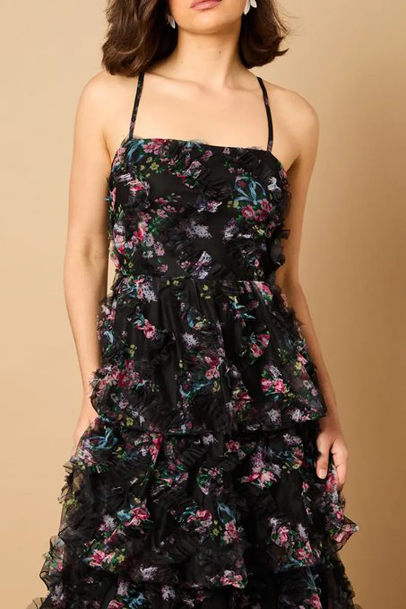 Casual Style Floral Textured Strappy Dress