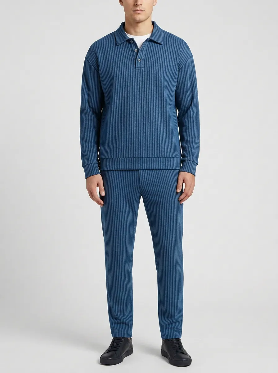 Men's Striped Ribbed Polo Shirt and Pants Set