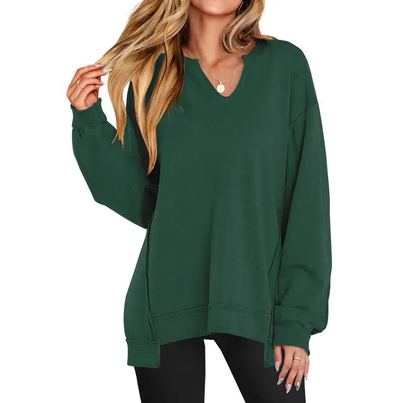Women's Oversized Sweatshirt V Neck Long Sleeve Tunic Lightweight Pullover