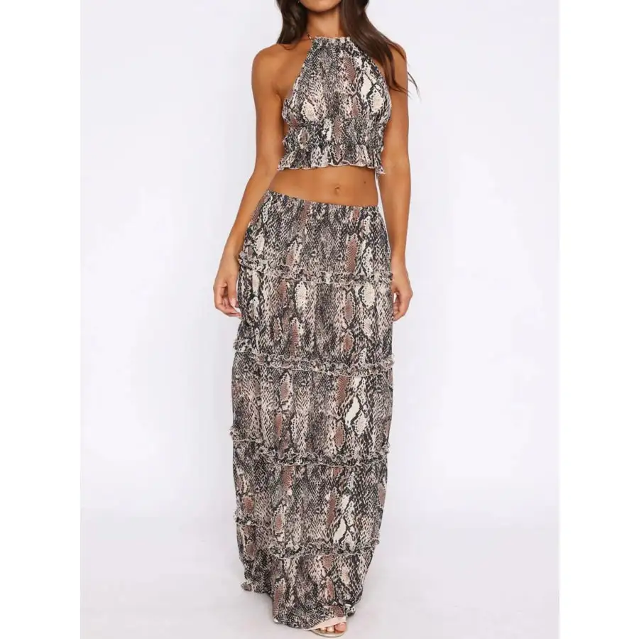 Halter Crop Backless Top and Maxi Skirt Set