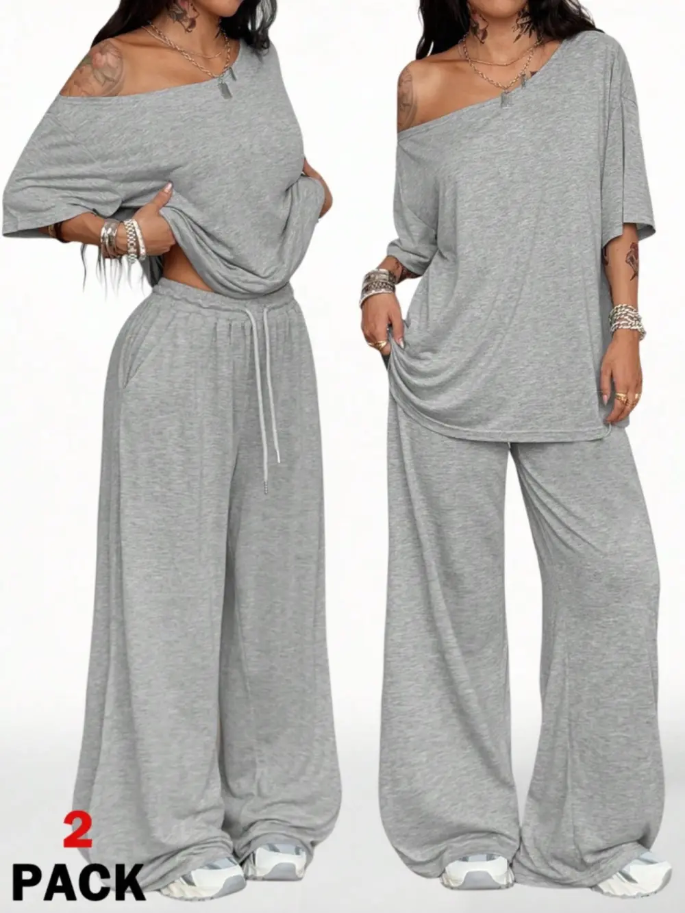🔥Hot Sale💥Women's Off-Shoulder T-Shirt And Wide-Leg Pants Two-Piece Set🔥8-SETS- All Colors Included
